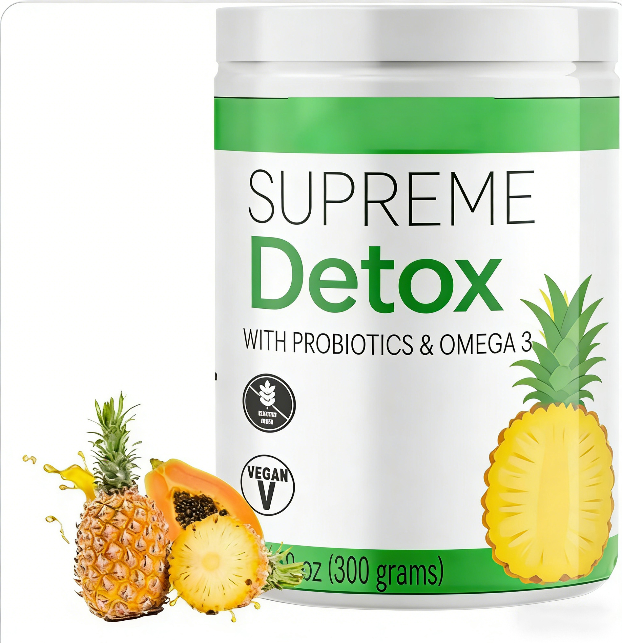 Probiotic Omega 3 Detox Powder Vegan Gluten Free Pineapple Flavor Natural Detoxification Supplement