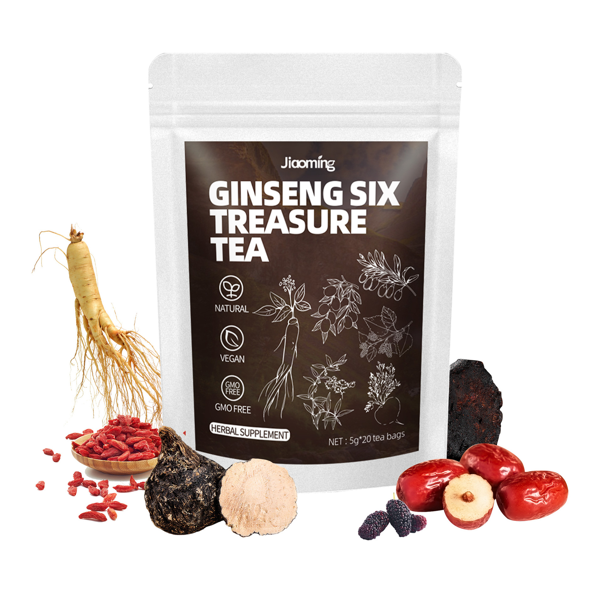 Ginseng Six Treasure Tea Natural Vegan Gmo Free Herbal Supplement For Daily Wellness