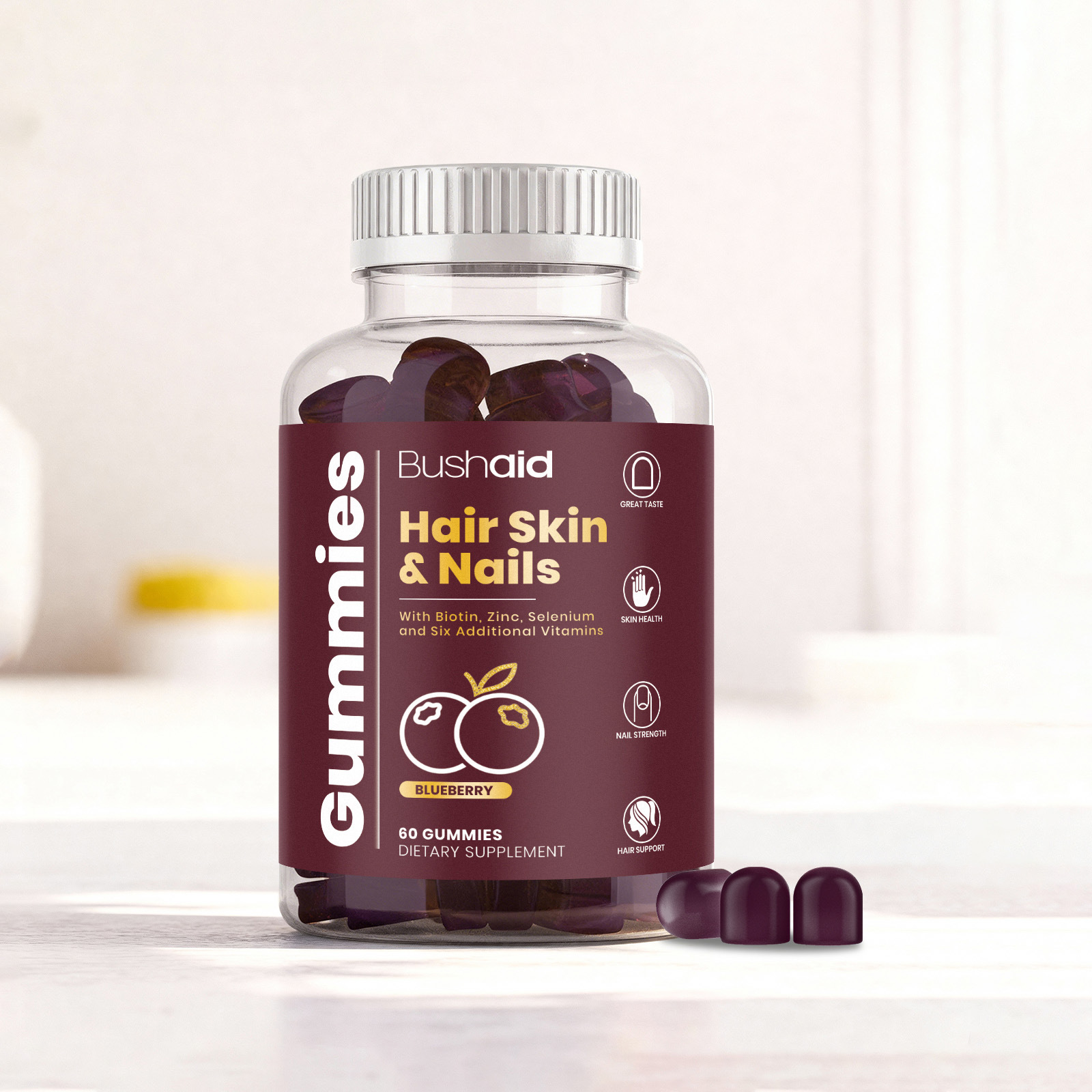 Blueberry Flavor Hair Skin & Nails Gummies With Biotin Zinc Selenium - 10 Vitamin & Mineral Blend For Beauty Gummies