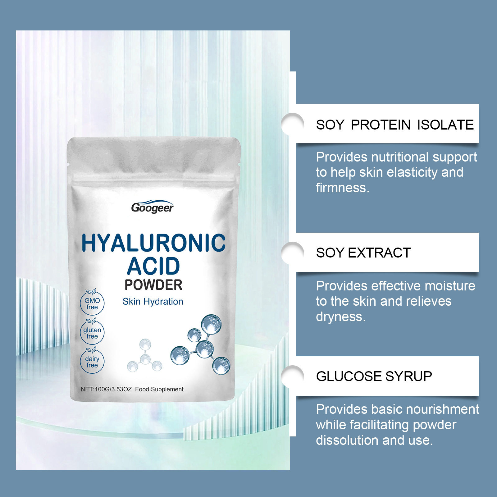 Googeer Hyaluronic Acid Powder Dietary Supplement Pouch