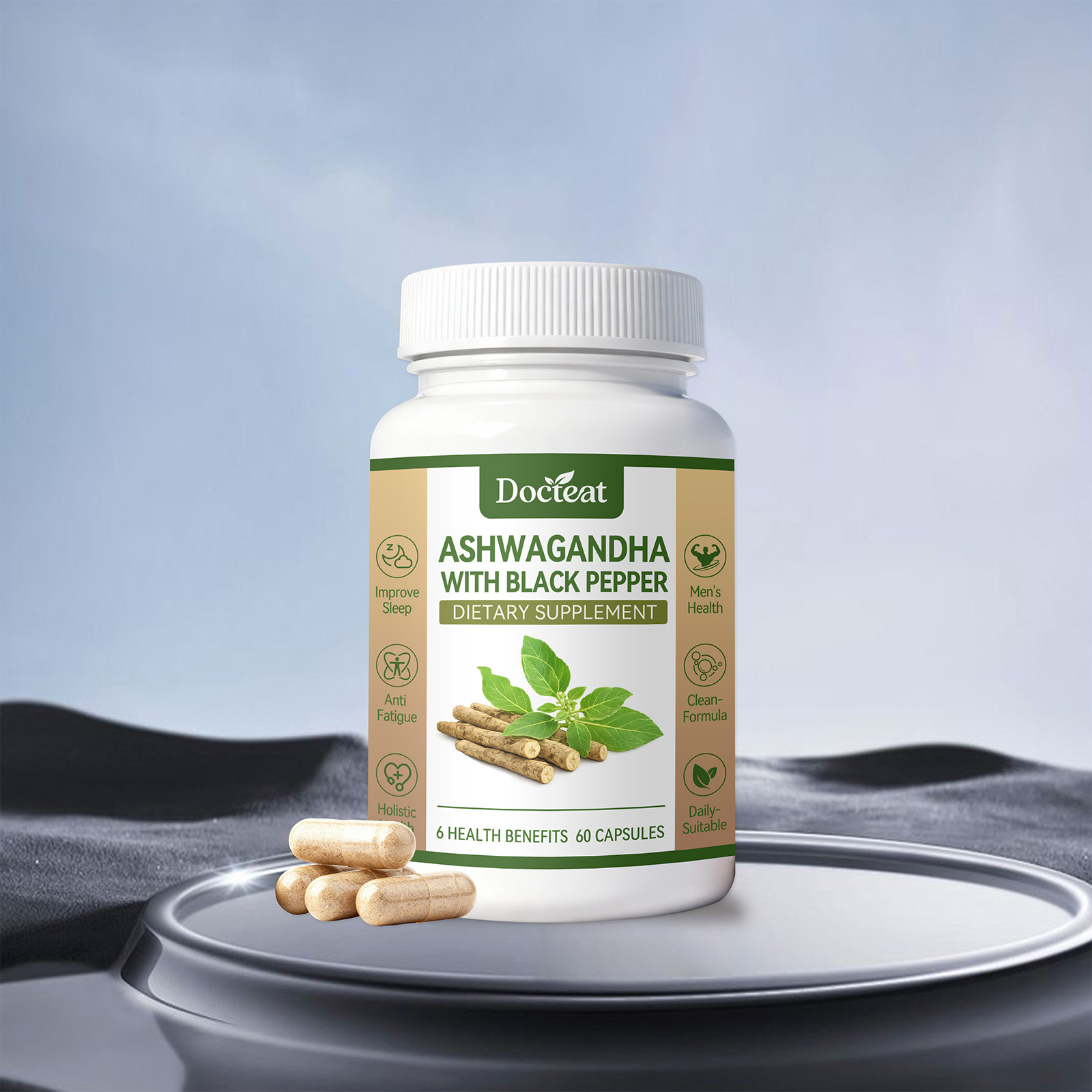Ashwagandha Black Pepper Capsules Gentle Care Body Daily Energy Sleep Support Dietary Supplement 60 Capsules