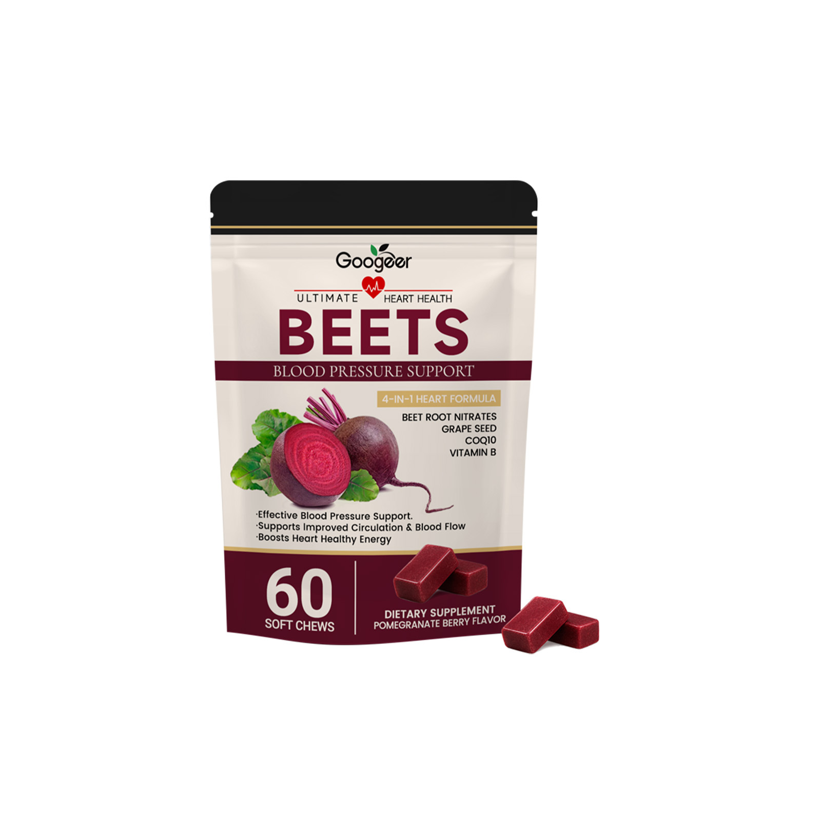 Googeer 4-in-1 Beetroot Gummies Soft & Chewy 60 Count Energy-boosting Nutritional Supplement