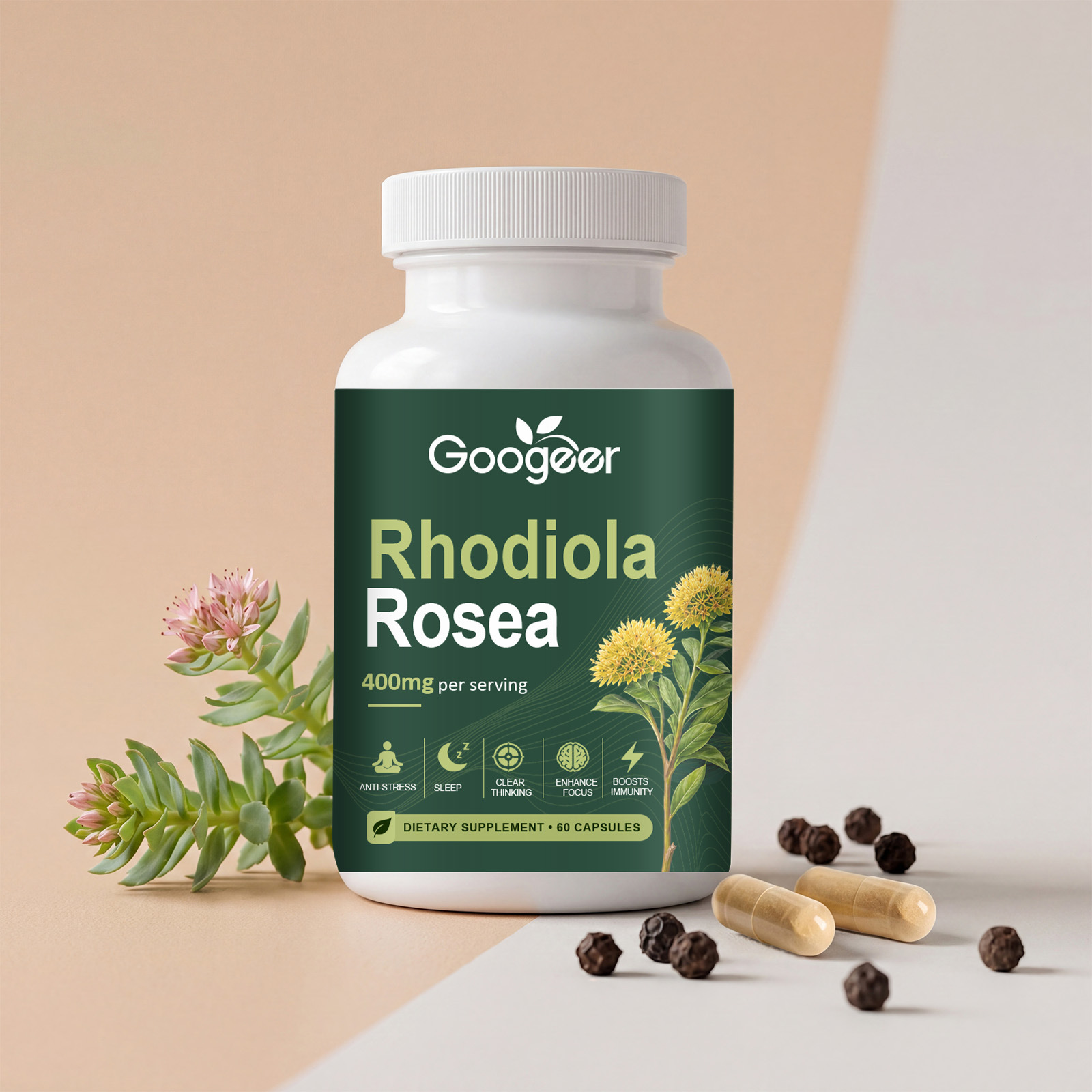 Balanced Herbal Rhodiola Rosea 400mg Capsule Dietary Supplement For Daily Stress Relief Focus Immune Wellness Support Capsules