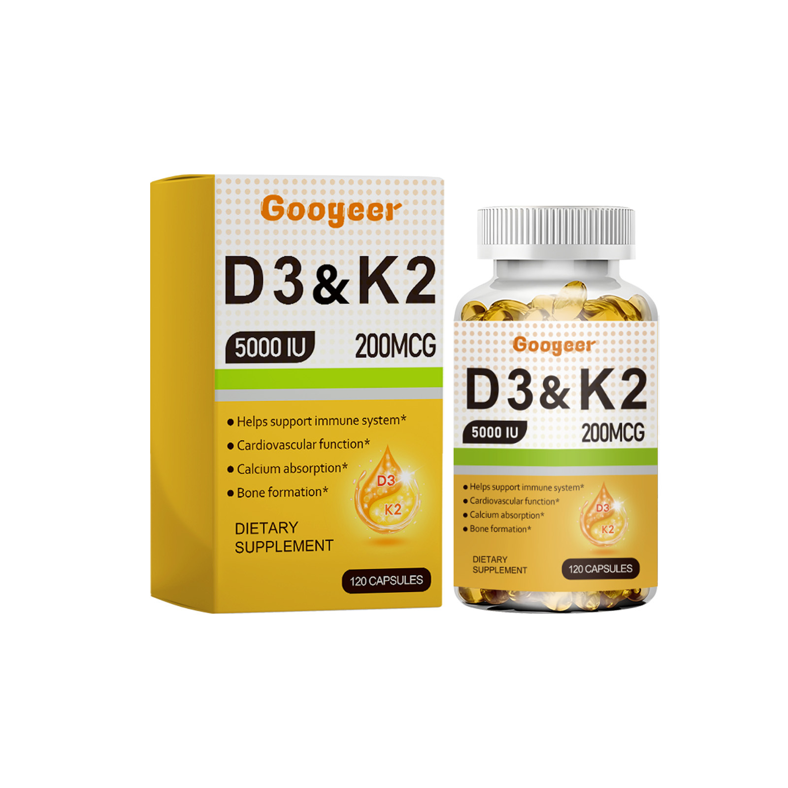 Vitamin D3 & K2 Capsules 120 Count Relieve Physical Fatigue And Lower-back Aches Replenish Vitality